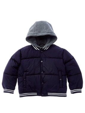 Rothschild Kids varsity puffer jacket features a navy blue puffer body 4T